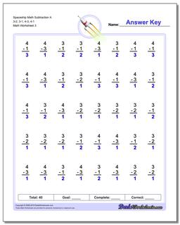 Spaceship Math Subtraction Worksheet A 3-2, 3-1, 4-3, 4-1