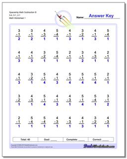 Subtraction Worksheet Spaceship Math B 5-4, 5-1, 2-1