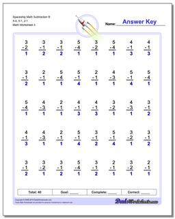 Spaceship Math Subtraction Worksheet B 5-4, 5-1, 2-1