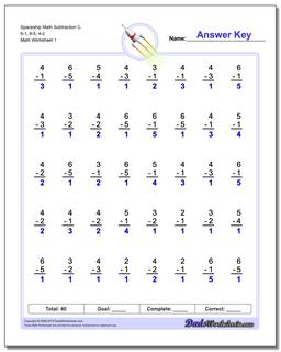 Subtraction Worksheet Spaceship Math C 6-1, 6-5, 4-2