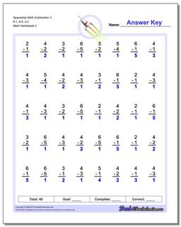 Spaceship Math Subtraction Worksheet C 6-1, 6-5, 4-2