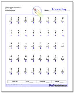 Spaceship Math Subtraction Worksheet C 6-1, 6-5, 4-2