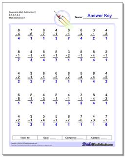 Subtraction Worksheet Spaceship Math E 8-1, 8-7, 8-4