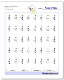 Spaceship Math Subtraction Worksheet E 8-1, 8-7, 8-4