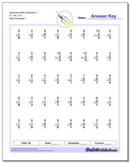 Subtraction Worksheet Spaceship Math F 9-1, 9-8, 10-5