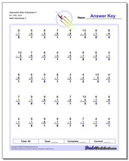 Spaceship Math Subtraction Worksheet F 9-1, 9-8, 10-5
