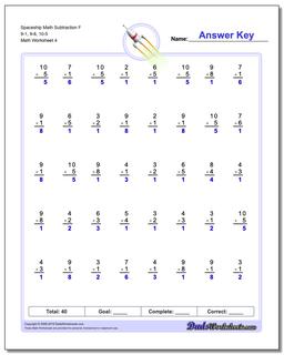 Spaceship Math Subtraction Worksheet F 9-1, 9-8, 10-5