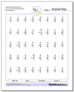Subtraction Worksheet Spaceship Math G 10-1, 10-9, Any Number Minus Zero