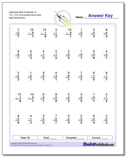 Spaceship Math Subtraction Worksheet G 10-1, 10-9, Any Number Minus Zero