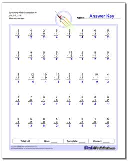 Subtraction Worksheet Spaceship Math H 5-3, 5-2, 12-6