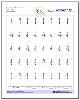 Spaceship Math Subtraction Worksheet H 5-3, 5-2, 12-6