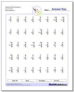 Subtraction Worksheet Spaceship Math J 7-2, 7-5, 16-8