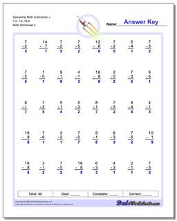 Spaceship Math Subtraction Worksheet J 7-2, 7-5, 16-8