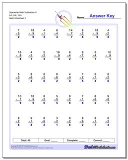 Spaceship Math Subtraction Worksheet K 8-2, 8-6, 18-9 /worksheets/subtraction.html