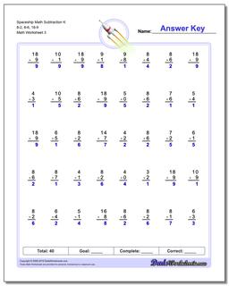 Spaceship Math Subtraction Worksheet K 8-2, 8-6, 18-9