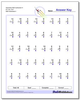 Spaceship Math Subtraction Worksheet K 8-2, 8-6, 18-9