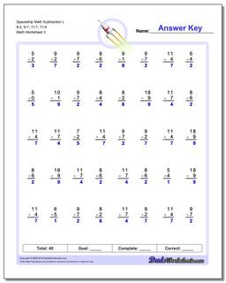 Spaceship Math Subtraction Worksheet L 9-2, 9-7, 11-7, 11-4