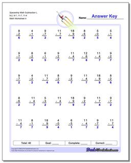 Spaceship Math Subtraction Worksheet L 9-2, 9-7, 11-7, 11-4
