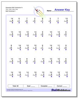 Subtraction Worksheet Spaceship Math N 10-2, 10-8, 14-8, 14-6