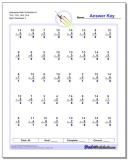 Spaceship Math Subtraction Worksheet N 10-2, 10-8, 14-8, 14-6