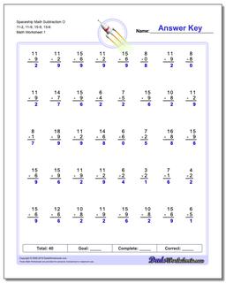 Subtraction Worksheet Spaceship Math O 11-2, 11-9, 15-9, 15-6