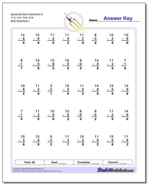 Subtraction Math Facts Worksheets