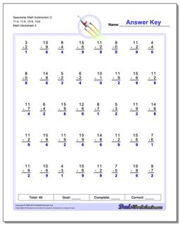Spaceship Math Subtraction Worksheet O 11-2, 11-9, 15-9, 15-6