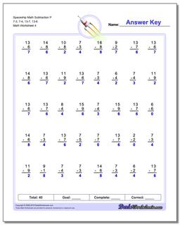 Spaceship Math Subtraction Worksheet P 7-3, 7-4, 13-7, 13-6