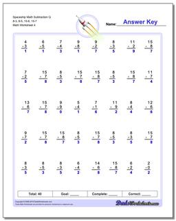 Spaceship Math Subtraction Worksheet Q 8-3, 8-5, 15-8, 15-7
