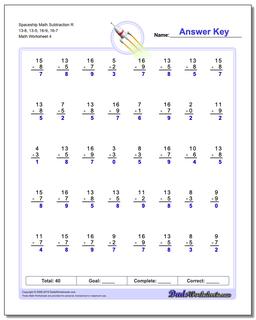 Spaceship Math Subtraction Worksheet R 13-8, 13-5, 16-9, 16-7