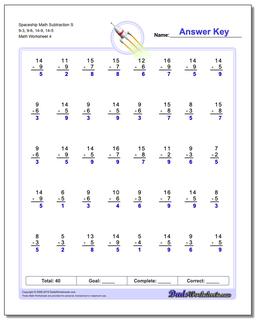 Spaceship Math Subtraction Worksheet S 9-3, 9-6, 14-9, 14-5