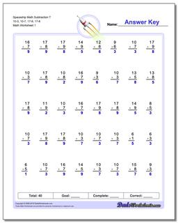 Subtraction Worksheet Spaceship Math T 10-3, 10-7, 17-9, 17-8