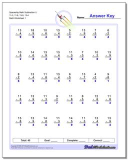 Subtraction Worksheet Spaceship Math U 11-3, 11-8, 13-9, 13-4