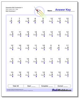 Subtraction Worksheet Spaceship Math V 12-3, 12-9, 12-7, 12-5