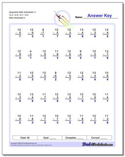 Spaceship Math Subtraction Worksheet V 12-3, 12-9, 12-7, 12-5