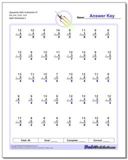 Spaceship Math Subtraction Worksheet W 9-5, 9-4, 12-8, 12-4