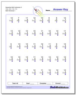 Subtraction Worksheet Spaceship Math X 10-6, 10-4, 11-6, 11-5