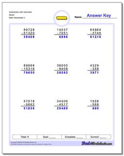Subtraction Worksheet with Decimals Mixed