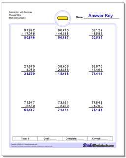 Subtraction Worksheet with Decimals Thousandths