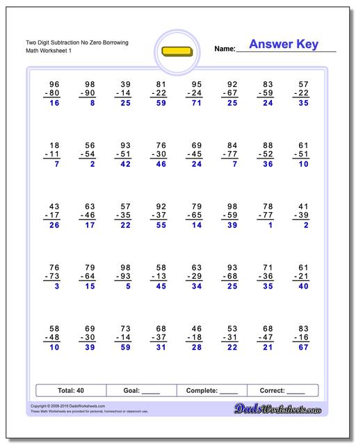 Math Worksheets Subtraction Subtraction Two Digit Subtraction No 