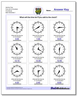 Telling Analog Time Add the Face with All Numbers Five Minute Worksheet