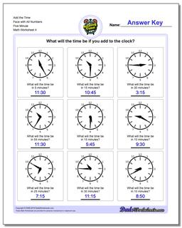 Add the Time Face with All Numbers Five Minute Worksheet