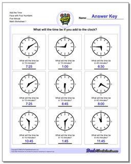 Telling Analog Time Add the Face with Four Numbers Five Minute Worksheet