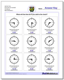Add the Time Face with Four Numbers Five Minute /worksheets/telling-analog-time.html Worksheet