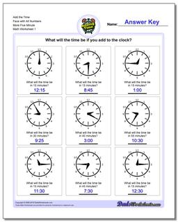 Telling Analog Time Add the Face with All Numbers More Five Minute Worksheet