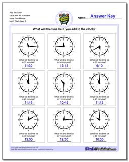Add the Time Face with All Numbers More Five Minute Worksheet