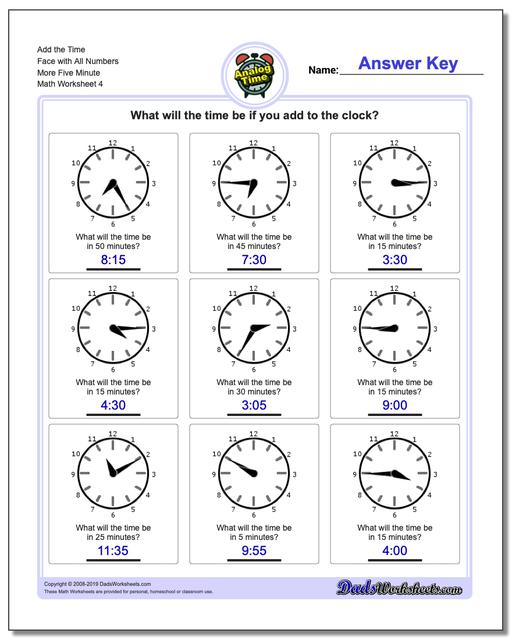 Telling Analog Time Five Minute Time Addition