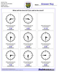 Telling Analog Time Add the Face with Four Numbers Quarter Hours Worksheet