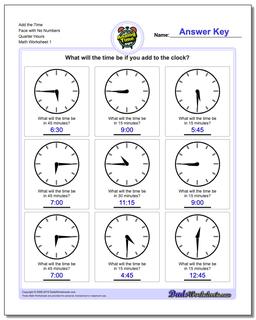 Telling Analog Time Add the Face with No Numbers Quarter Hours Worksheet