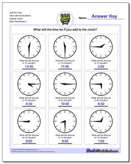 Add the Time Face with No Numbers Quarter Hours Worksheet